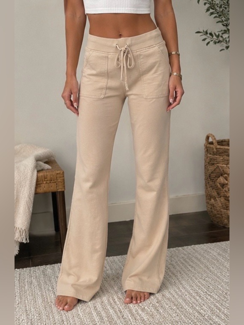 Twisted Heart 100% Cotton Flare Bottom Lounge Pants Small Cream Beige Y2K Casual - Picture 3 of 10